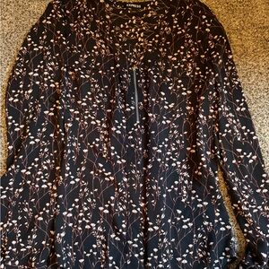 Express Portofino Half Zip Blouse Top Black with Pink Floral